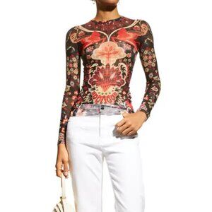 Etro Pegasus Floral-Print Mesh Long-Sleeve Top Italian Designer Rare Holiday Lux